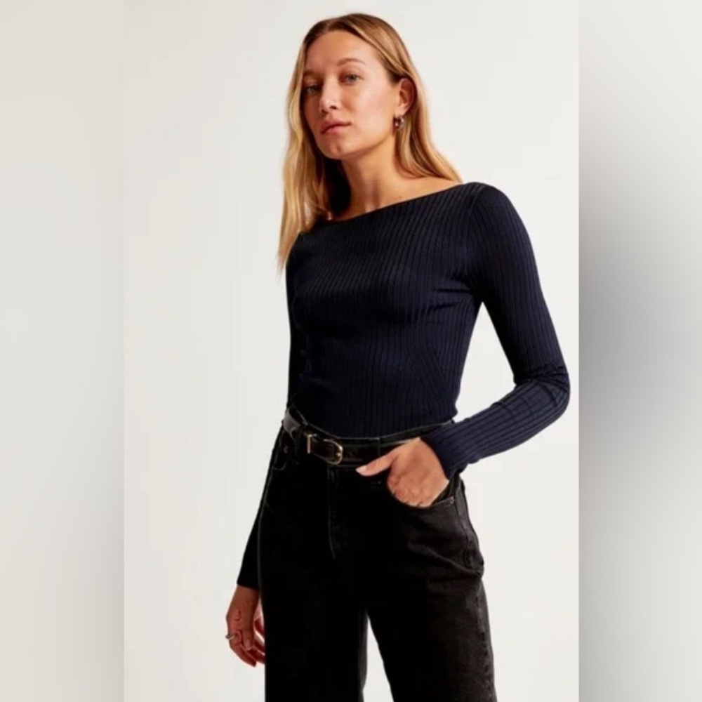 Abercrombie and Fitch Glossy Slash Sweater Top in Navy Blue Size Medium
